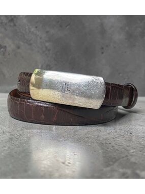 Vtg Lauren Ralph Lauren Brown Leather Croc Embossed Belt w/Silver Buckle, sz XL